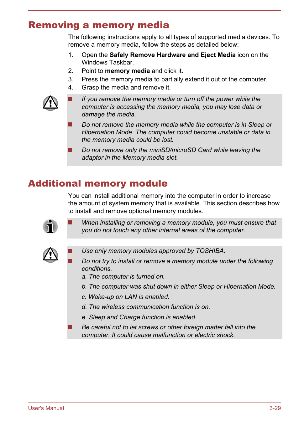 Removing a memory media, Additional memory module, Section in | Toshiba LX830 User Manual | Page 71 / 131