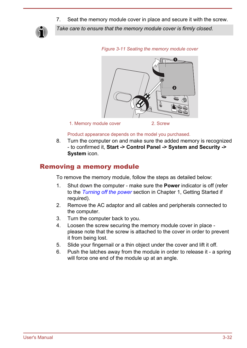 Removing a memory module | Toshiba LX830 User Manual | Page 74 / 131
