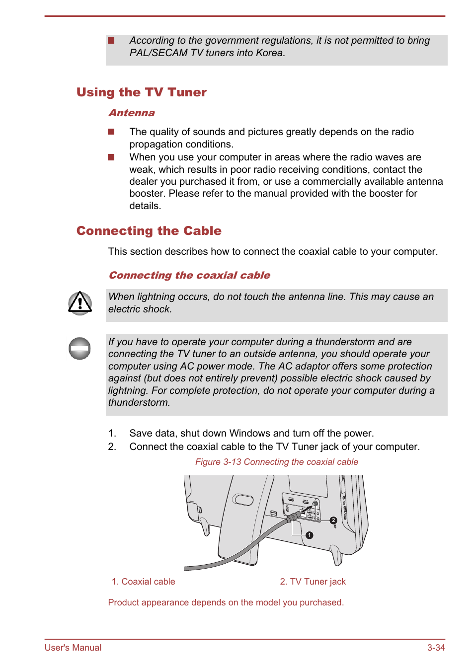 Using the tv tuner, Connecting the cable | Toshiba LX830 User Manual | Page 76 / 131
