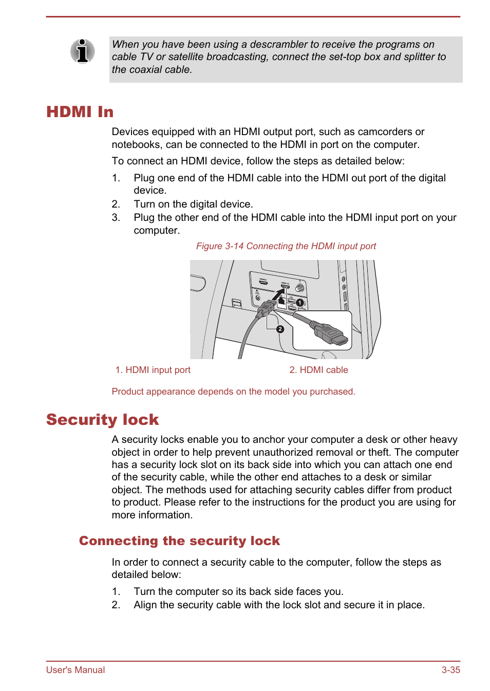 Hdmi in, Security lock, Connecting the security lock | Hdmi in -35 security lock -35 | Toshiba LX830 User Manual | Page 77 / 131