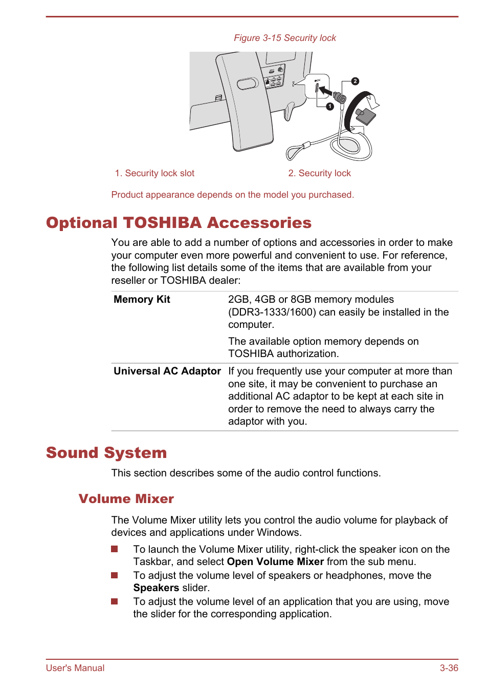 Optional toshiba accessories, Sound system, Volume mixer | Optional toshiba accessories -36 sound system -36 | Toshiba LX830 User Manual | Page 78 / 131