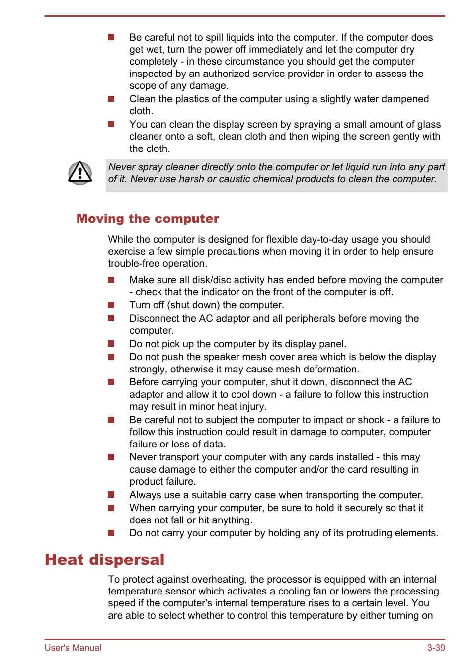 Moving the computer, Heat dispersal, Heat dispersal -39 | Toshiba LX830 User Manual | Page 81 / 131