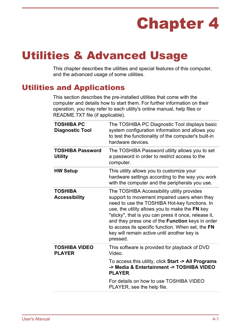 Chapter 4 utilities & advanced usage, Utilities and applications, Chapter 4 | Utilities & advanced usage, Utilities and applications -1 | Toshiba LX830 User Manual | Page 83 / 131