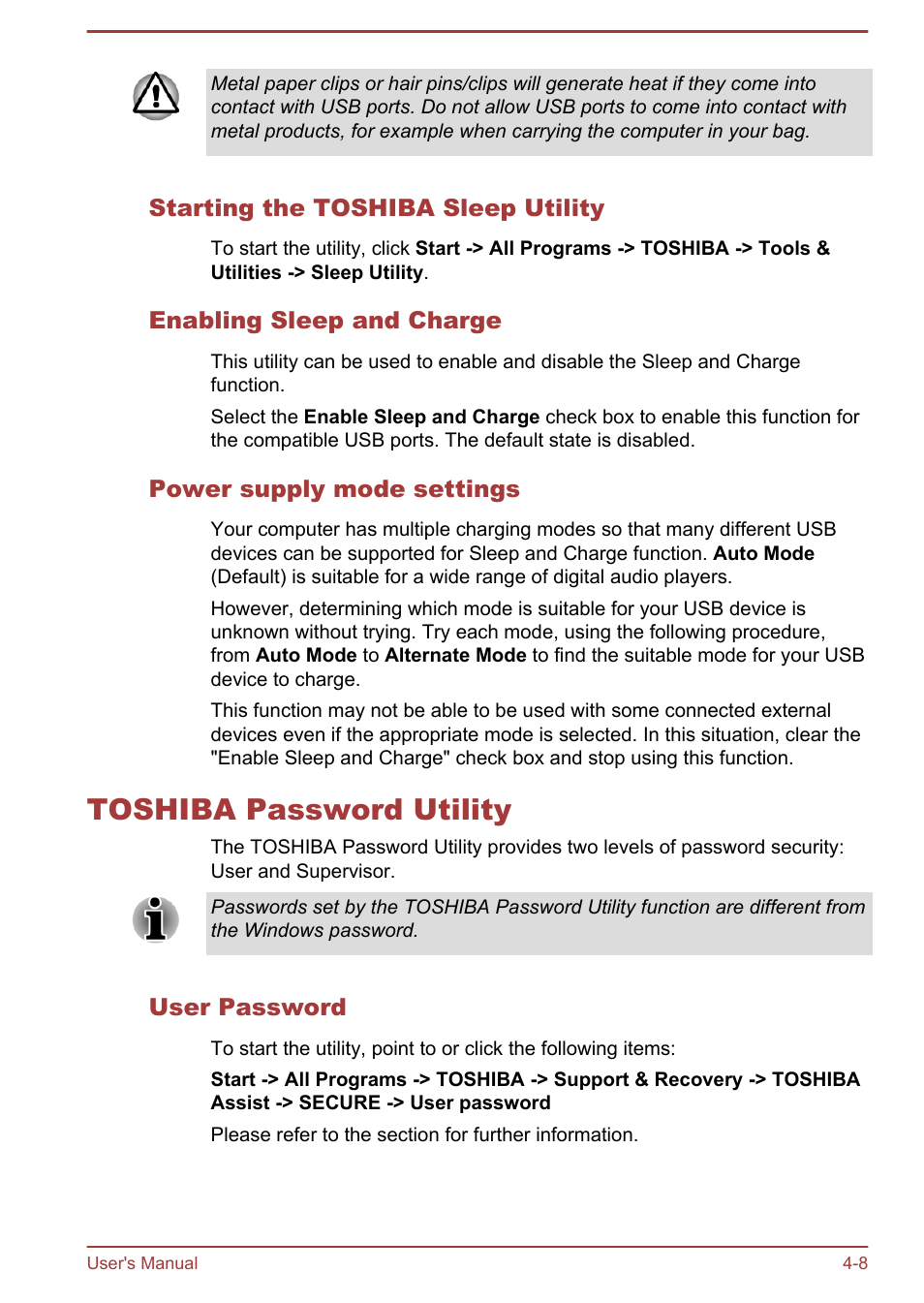 Starting the toshiba sleep utility, Enabling sleep and charge, Power supply mode settings | Toshiba password utility, User password, Toshiba password utility -8 | Toshiba LX830 User Manual | Page 90 / 131