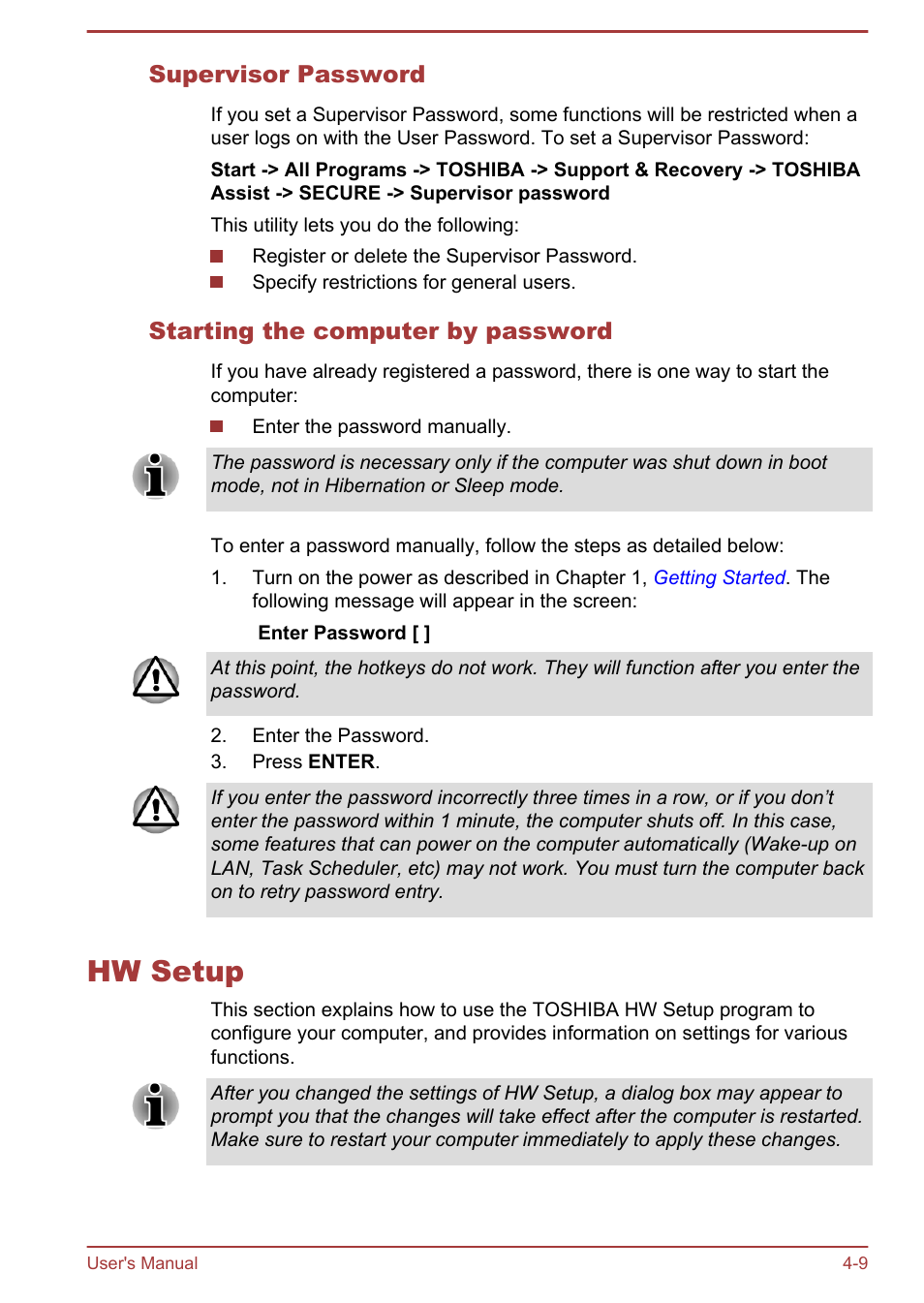 Supervisor password, Starting the computer by password, Hw setup | Hw setup -9 | Toshiba LX830 User Manual | Page 91 / 131