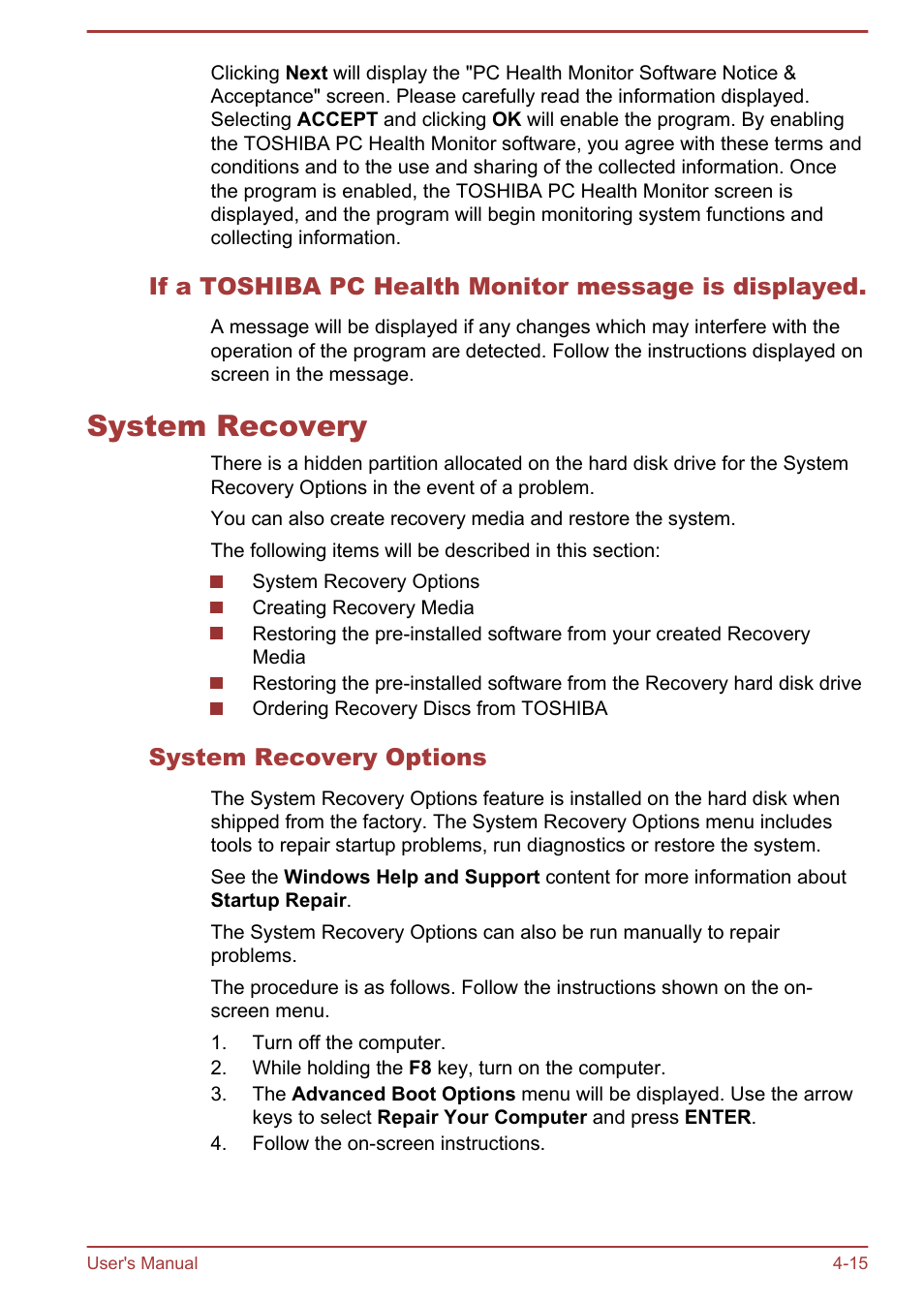 System recovery, System recovery options, System recovery -15 | Toshiba LX830 User Manual | Page 97 / 131