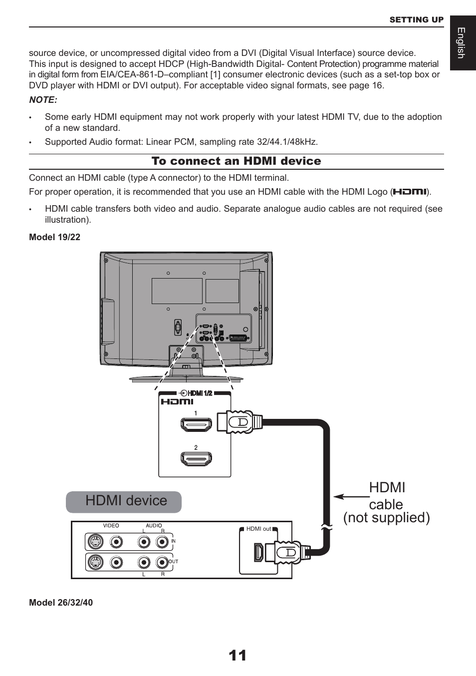 Hdmi cable hdmi device, Not supplied) | Toshiba CV711 User Manual | Page 12 / 57