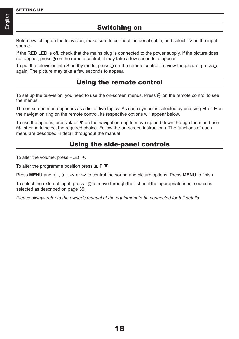 Switching on, Using the remote control, Using the side-panel controls | Toshiba CV711 User Manual | Page 19 / 57