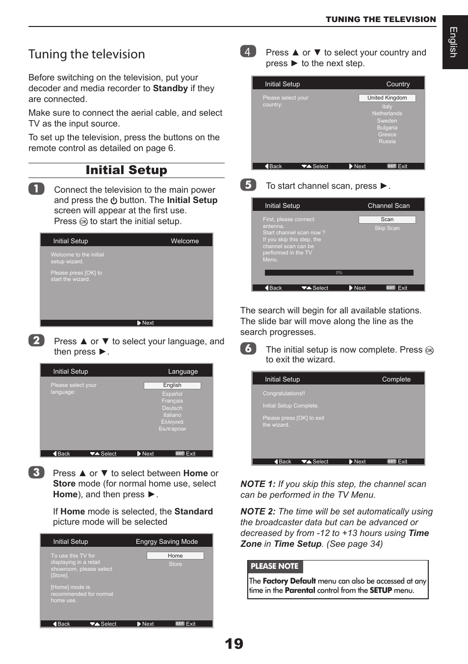 Tuning the television, Initial setup, English | Toshiba CV711 User Manual | Page 20 / 57