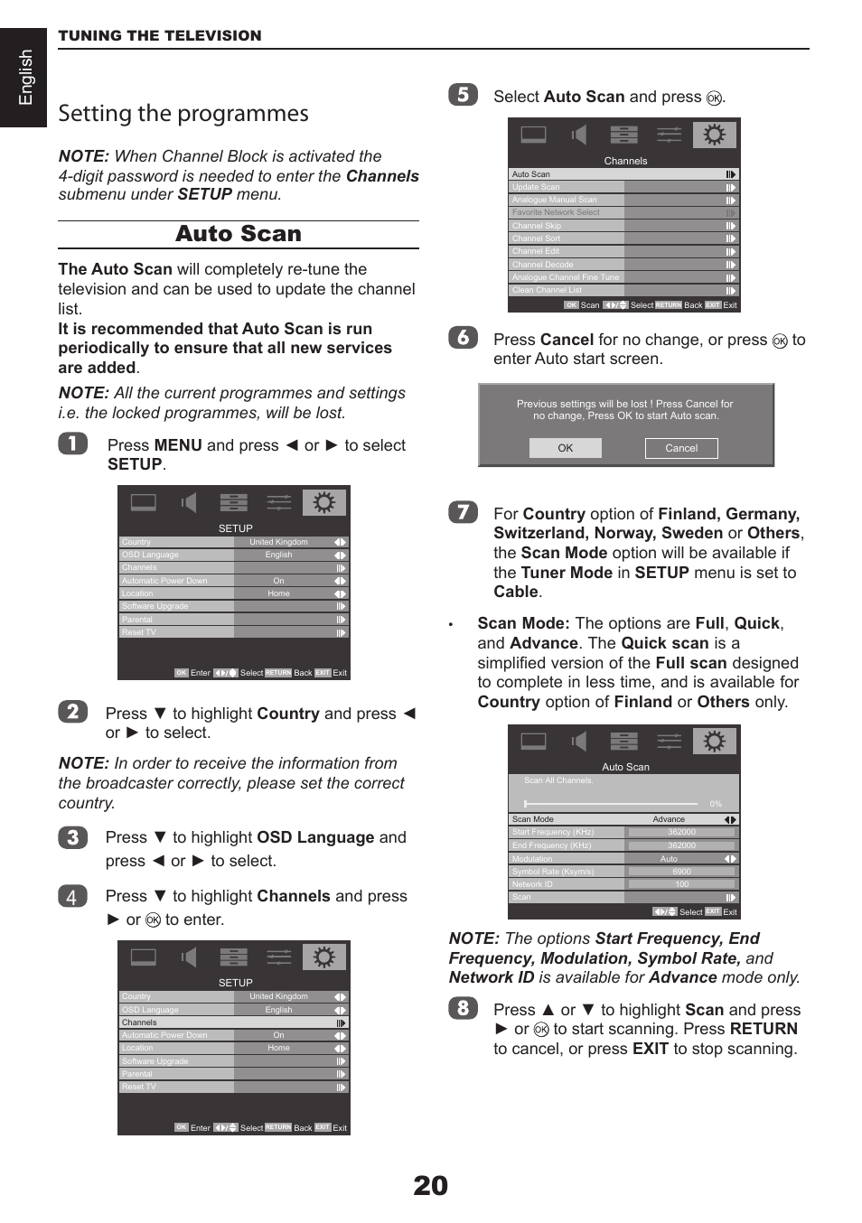 Setting the programmes, Auto scan, English | Select auto scan and press | Toshiba CV711 User Manual | Page 21 / 57
