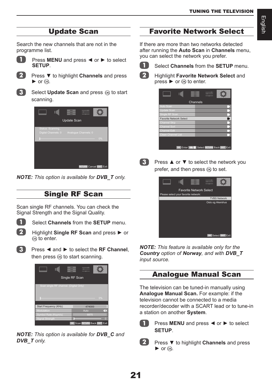 Update scan, Single rf scan, Favorite network select | Analogue manual scan, English | Toshiba CV711 User Manual | Page 22 / 57