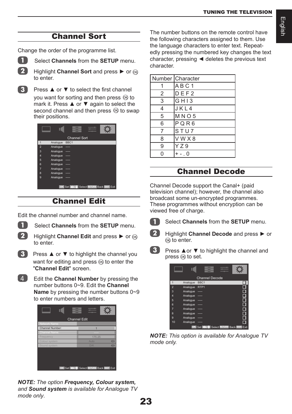 Channel sort, Channel edit, Channel decode | English | Toshiba CV711 User Manual | Page 24 / 57