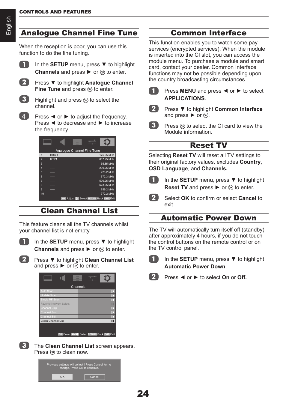 Analogue channel fine tune, Clean channel list, Common interface | Reset tv, Automatic power down, English | Toshiba CV711 User Manual | Page 25 / 57