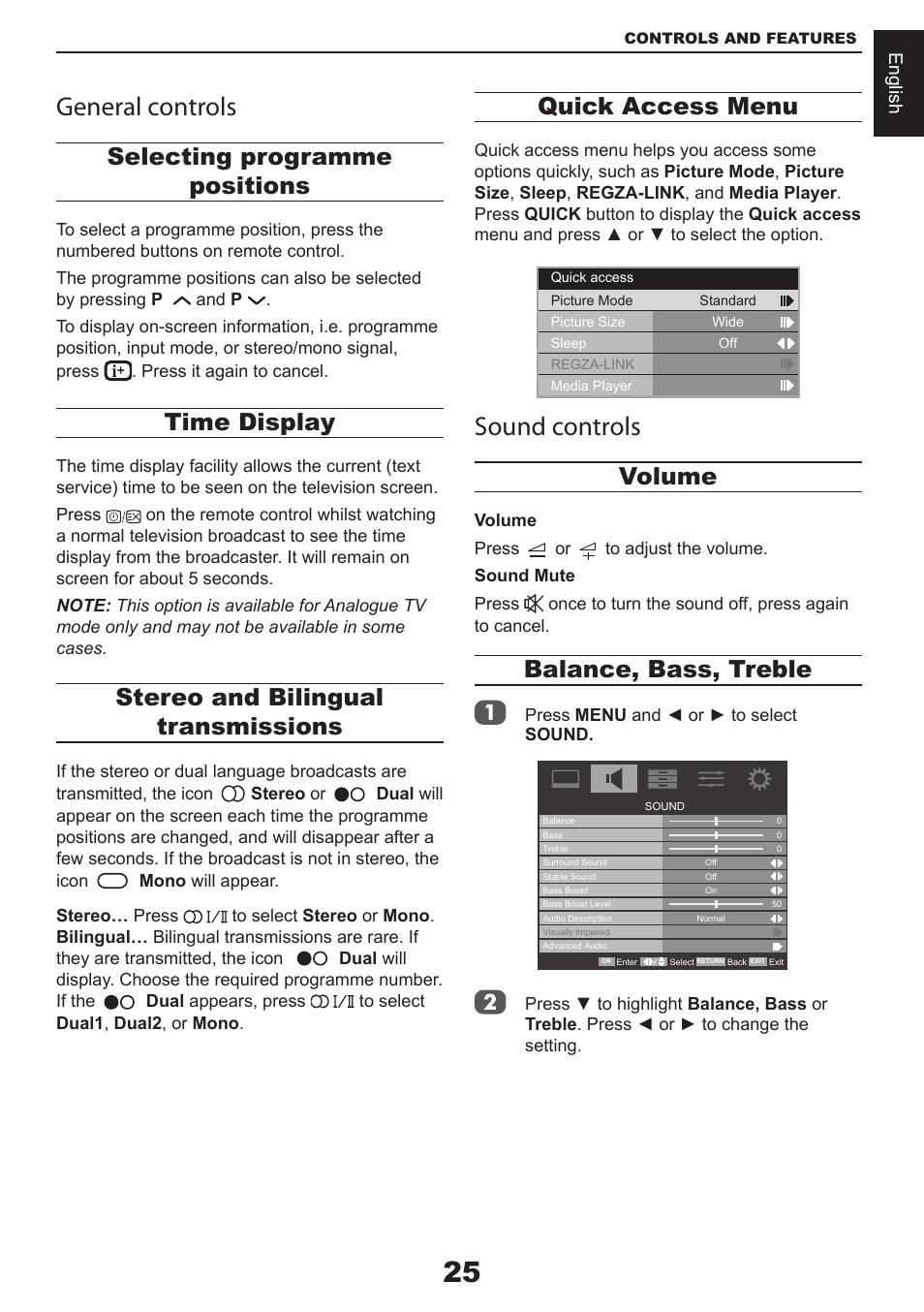 General controls, Sound controls, Selecting programme positions | Time display, Stereo and bilingual transmissions, Quick access menu, Volume, Balance, bass, treble | Toshiba CV711 User Manual | Page 26 / 57