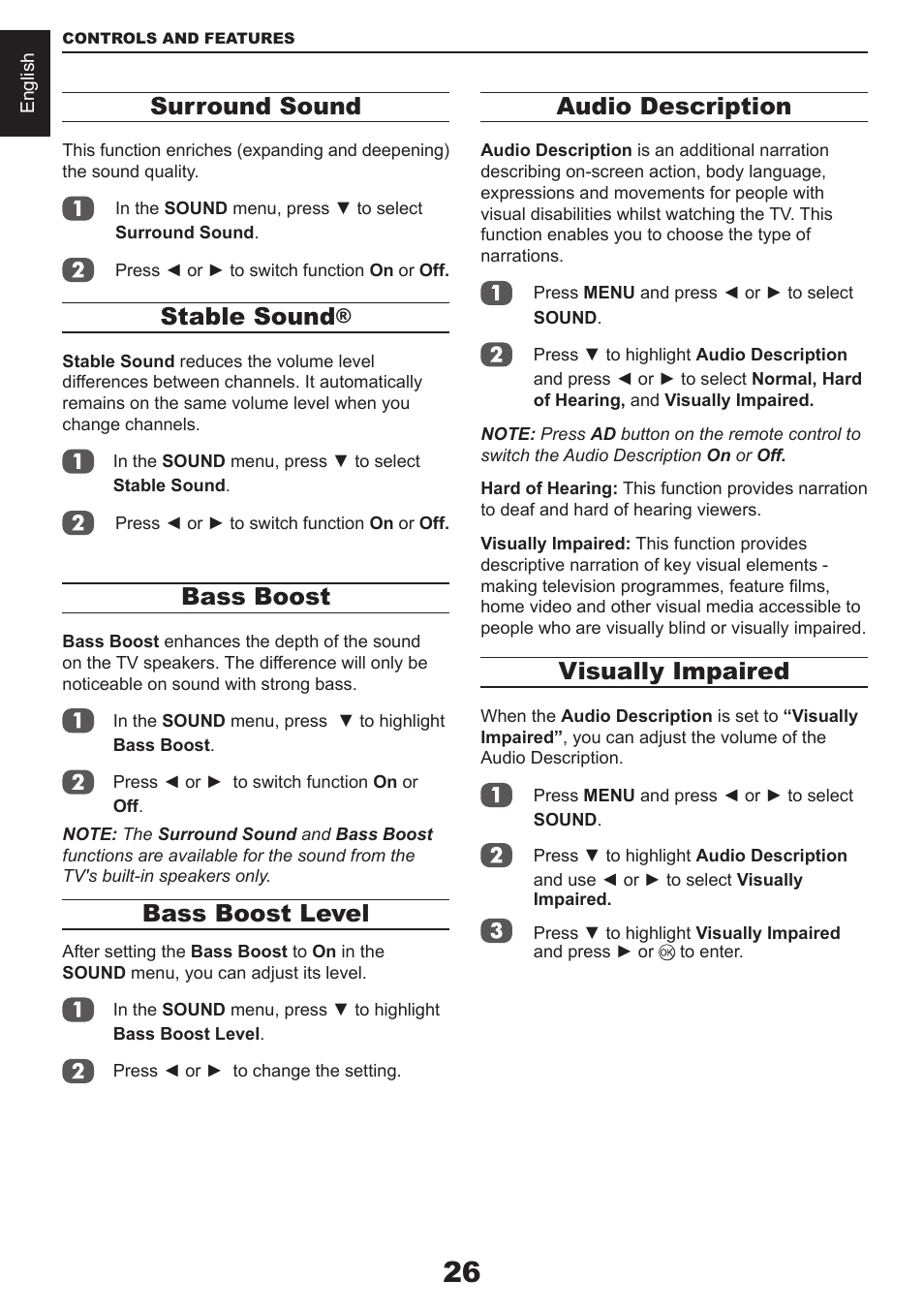 Surround sound, Stable sound, Bass boost | Bass boost level, Audio description, Visually impaired | Toshiba CV711 User Manual | Page 27 / 57