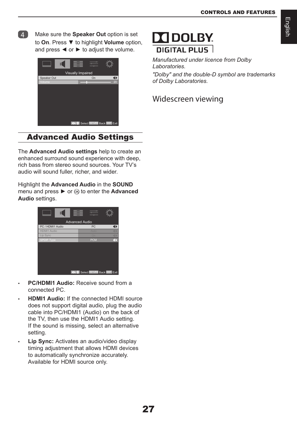 Widescreen viewing, Advanced audio settings, English | Toshiba CV711 User Manual | Page 28 / 57