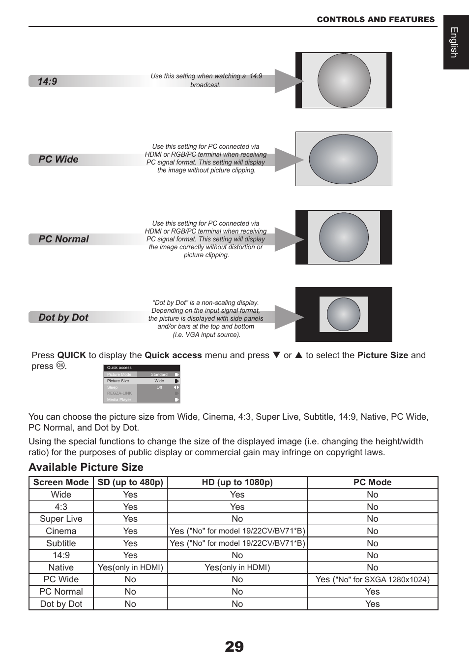 Available picture size, Pc normal, Dot by dot | Pc wide 14:9 | Toshiba CV711 User Manual | Page 30 / 57