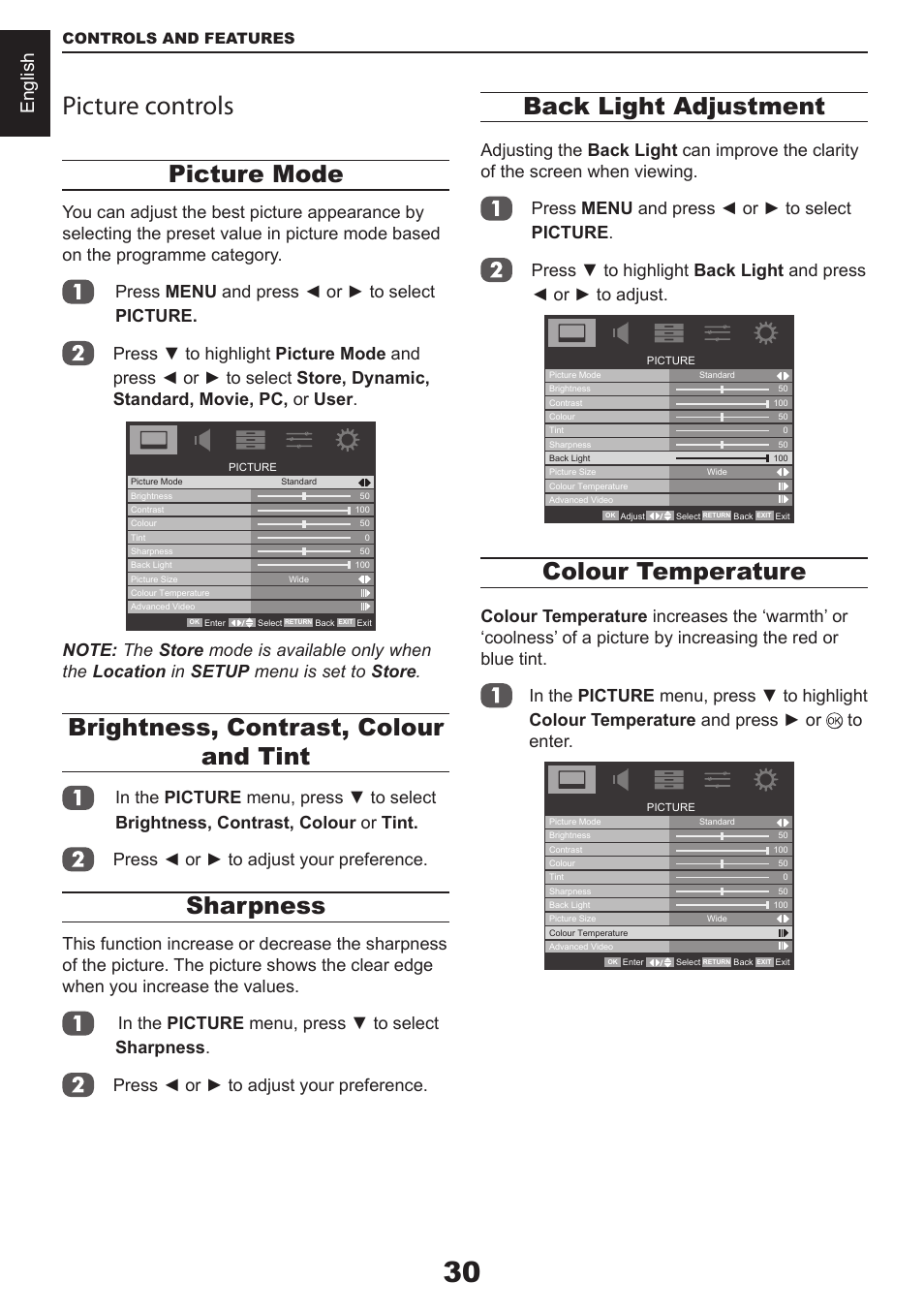 Picture controls, Picture mode, Brightness, contrast, colour and tint | Sharpness, Back light adjustment, Colour temperature, English | Toshiba CV711 User Manual | Page 31 / 57