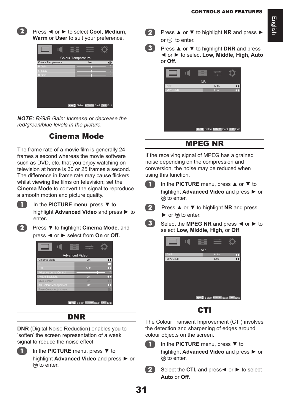 Cinema mode, Mpeg nr, English | Toshiba CV711 User Manual | Page 32 / 57