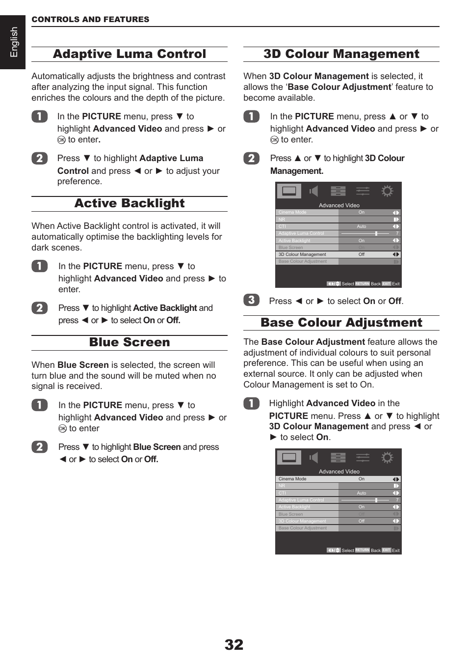 Adaptive luma control, Active backlight, Blue screen | 3d colour management, Base colour adjustment, English | Toshiba CV711 User Manual | Page 33 / 57