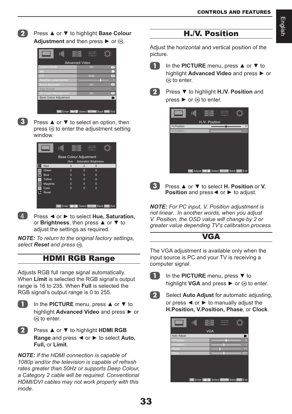 Hdmi rgb range, H./v. position, English | Toshiba CV711 User Manual | Page 34 / 57