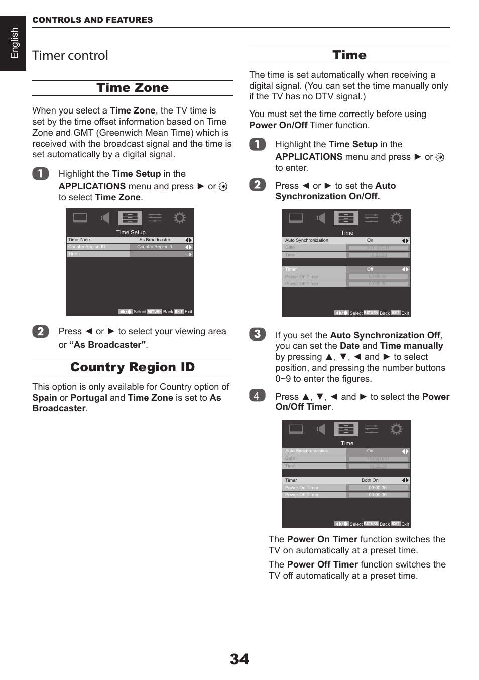 Timer control, Time zone, Country region id | Time, English | Toshiba CV711 User Manual | Page 35 / 57