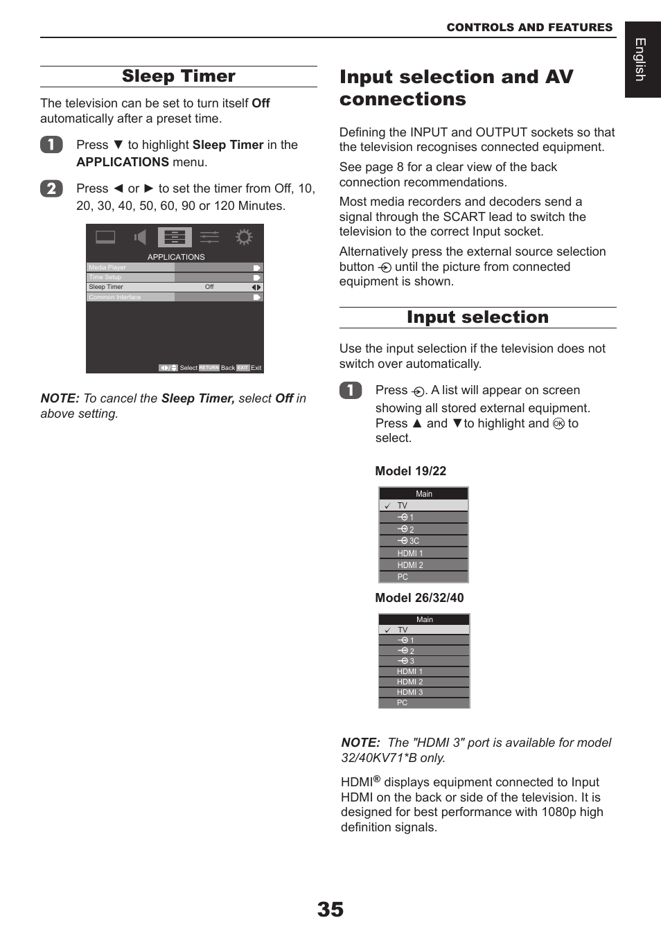 Input selection and av connections, Sleep timer, Input selection | Toshiba CV711 User Manual | Page 36 / 57