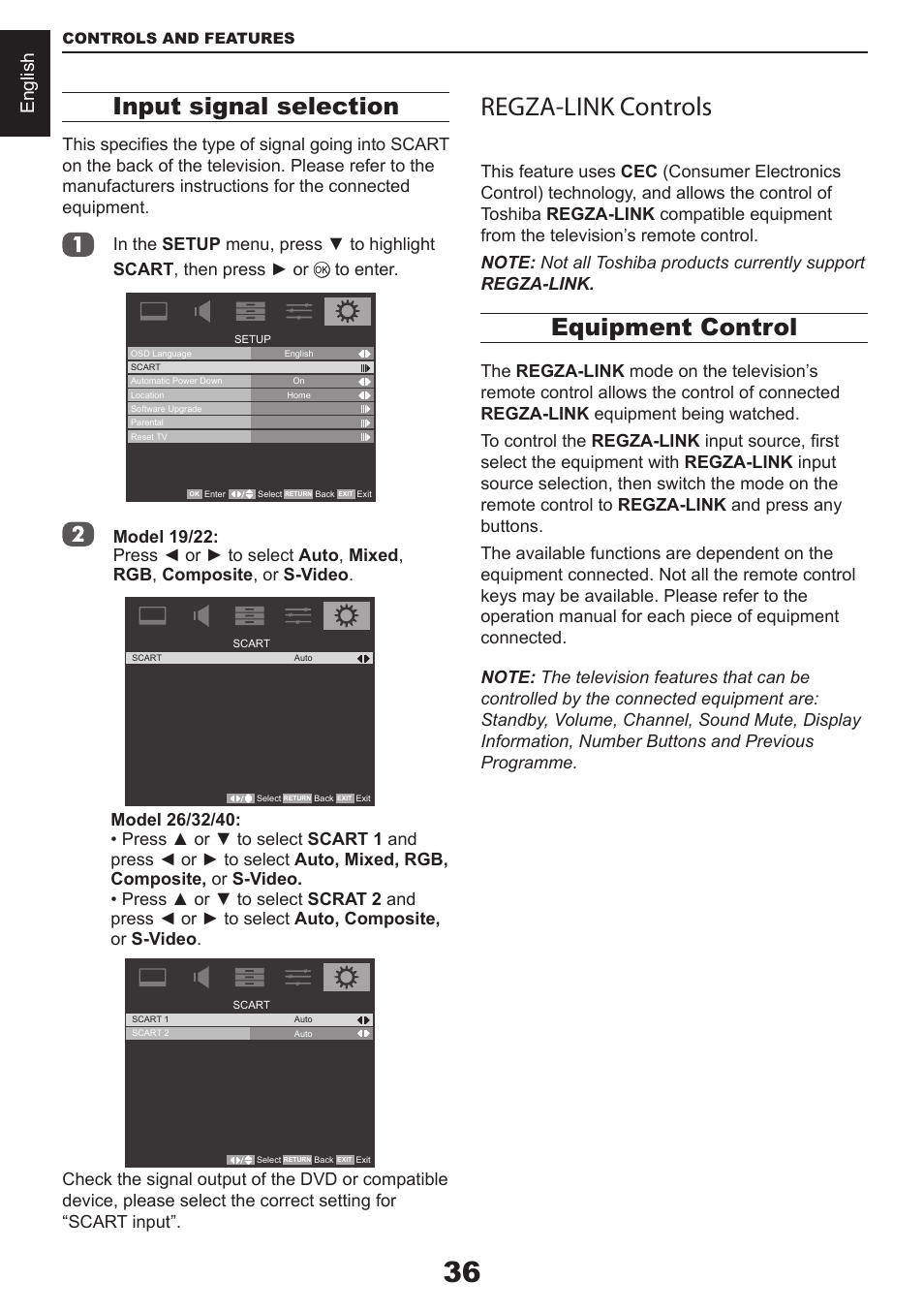 Regza-link controls, Input signal selection, Equipment control | English | Toshiba CV711 User Manual | Page 37 / 57