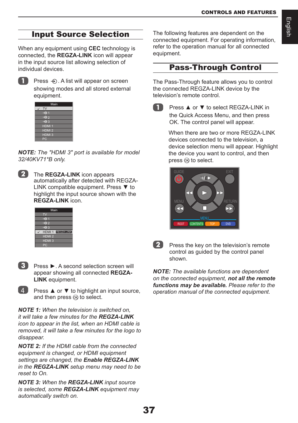 Input source selection, Pass-through control | Toshiba CV711 User Manual | Page 38 / 57