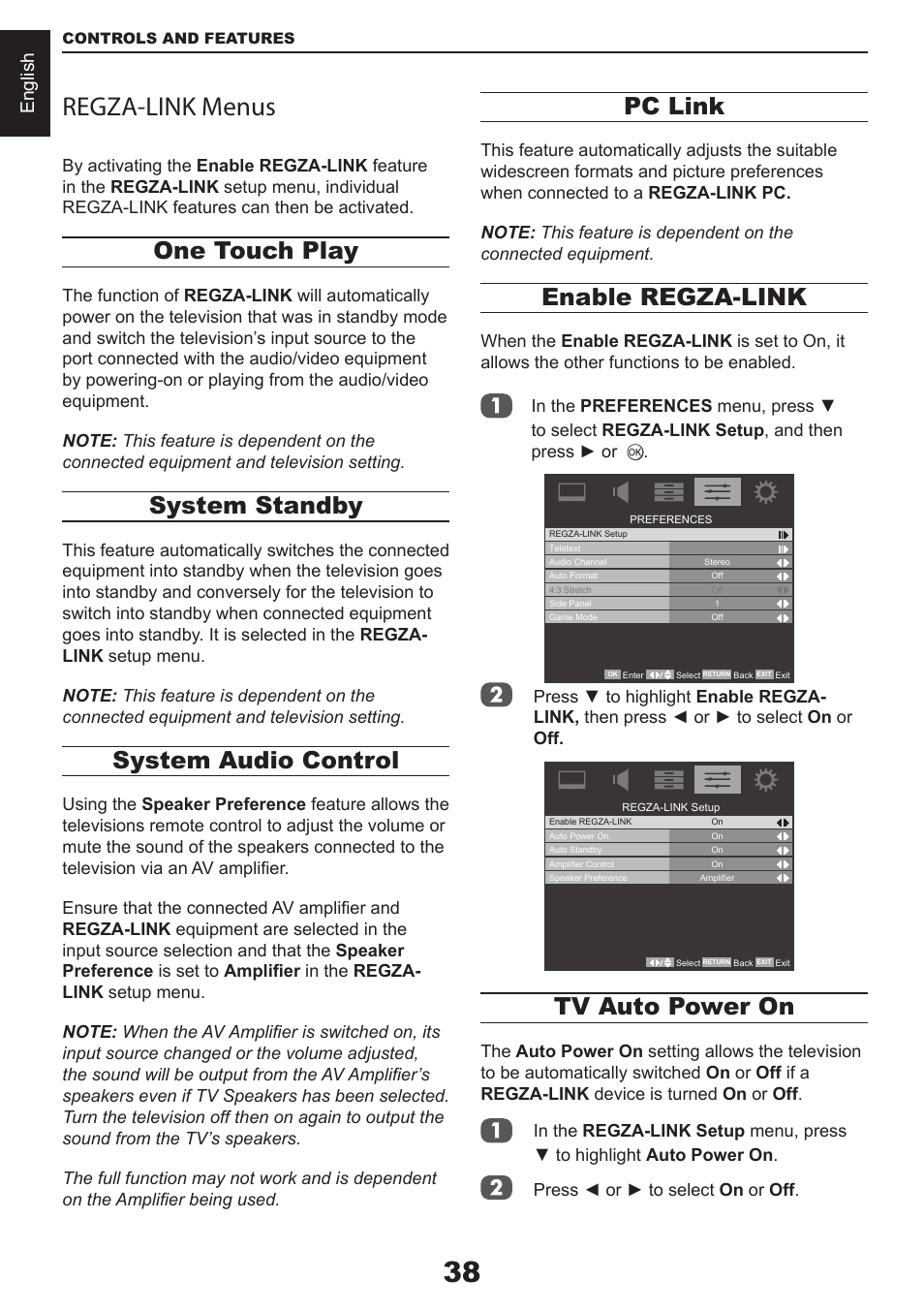 Regza-link menus, One touch play, System standby | System audio control, Pc link, Enable regza-link, Tv auto power on | Toshiba CV711 User Manual | Page 39 / 57