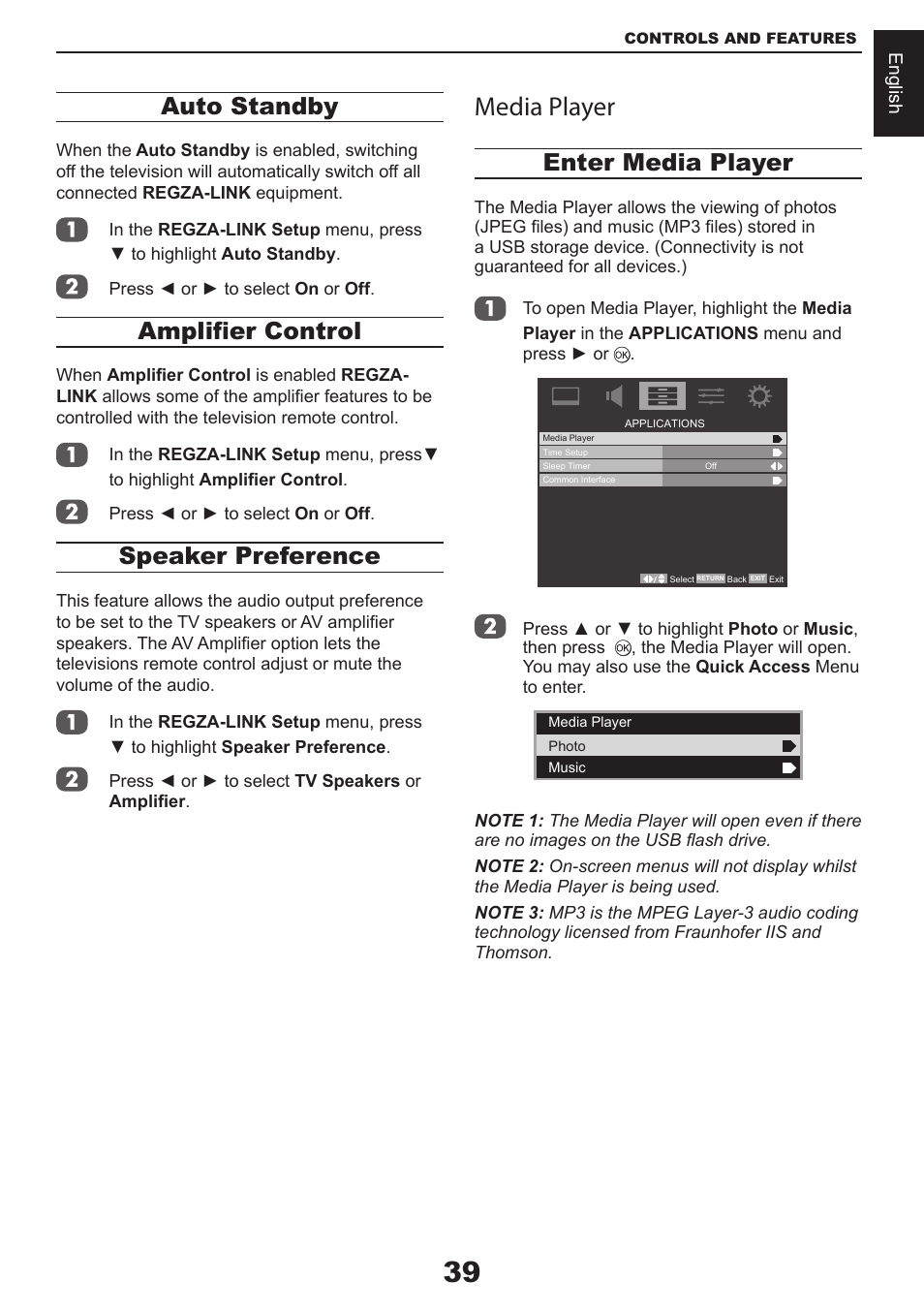 Media player, Auto standby, Amplifier control | Speaker preference, Enter media player | Toshiba CV711 User Manual | Page 40 / 57