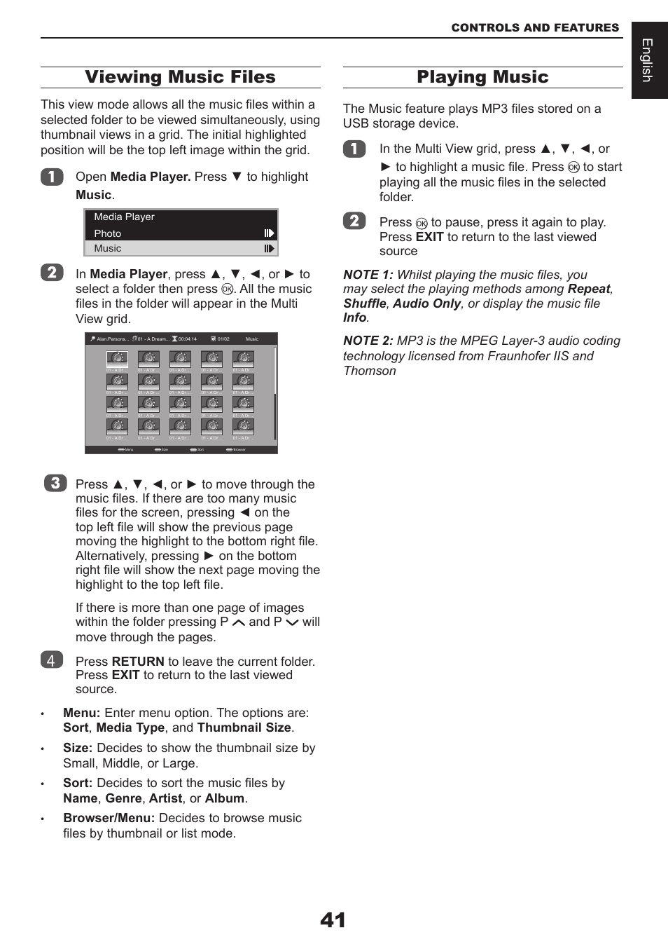 Viewing music files, Playing music, English | Toshiba CV711 User Manual | Page 42 / 57