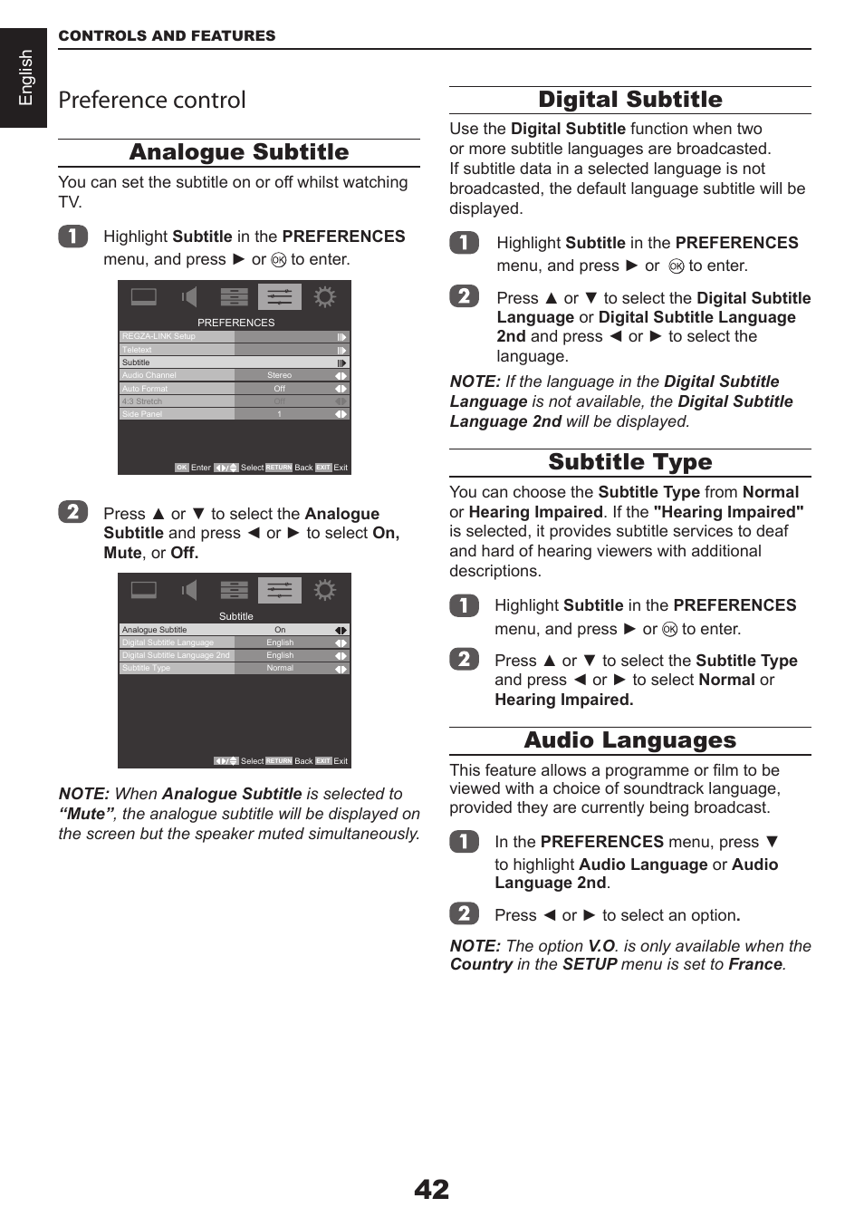 Preference control, Analogue subtitle, Digital subtitle | Subtitle type, Audio languages, English | Toshiba CV711 User Manual | Page 43 / 57