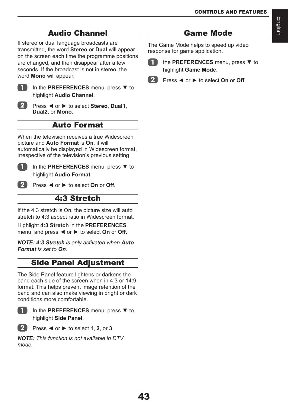 Audio channel, Auto format, 3 stretch | Side panel adjustment, Game mode | Toshiba CV711 User Manual | Page 44 / 57