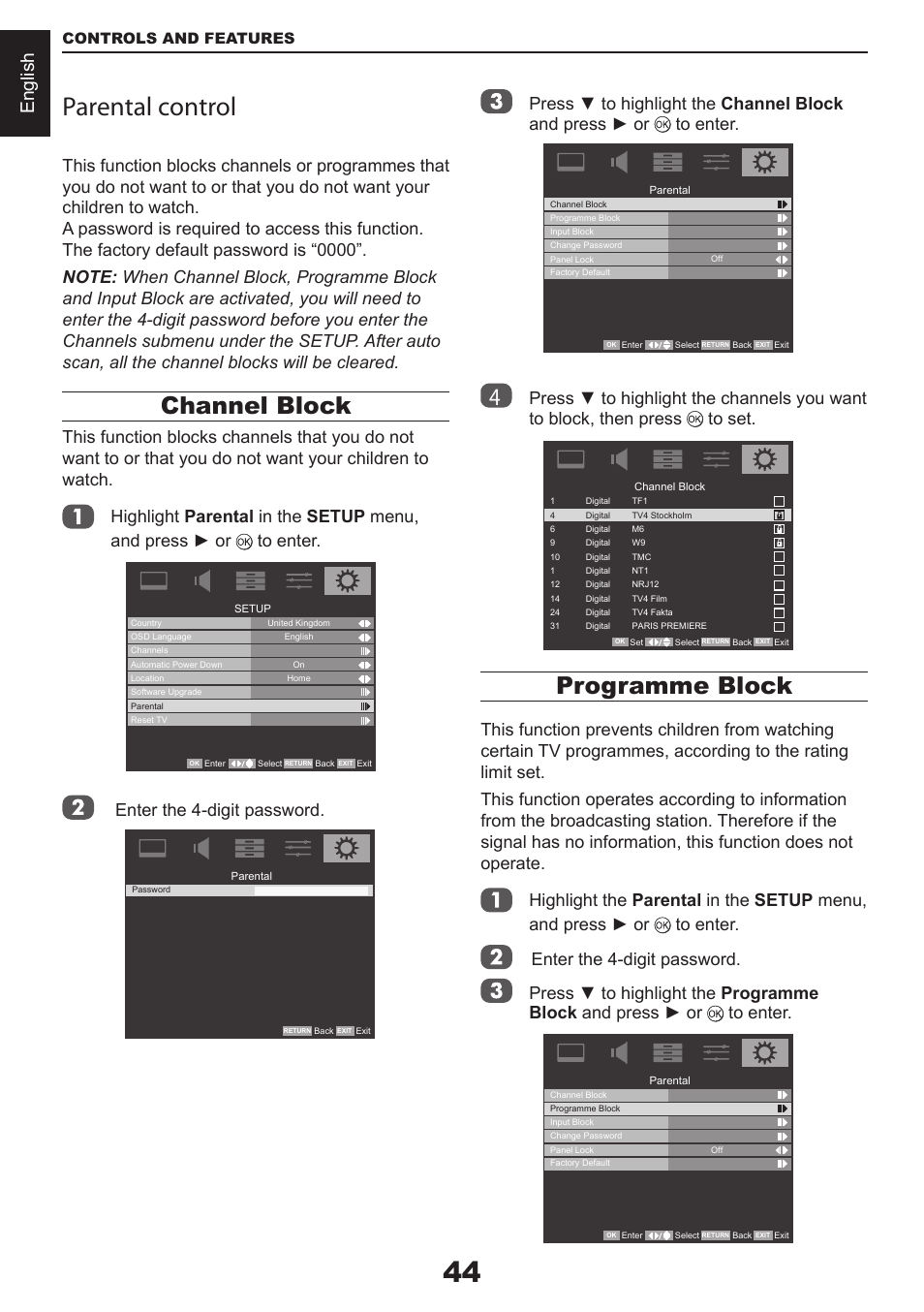 Parental control, Channel block, Programme block | English, Enter the 4-digit password | Toshiba CV711 User Manual | Page 45 / 57