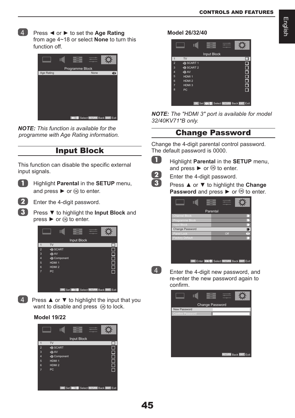 Input block, Change password, English | Toshiba CV711 User Manual | Page 46 / 57