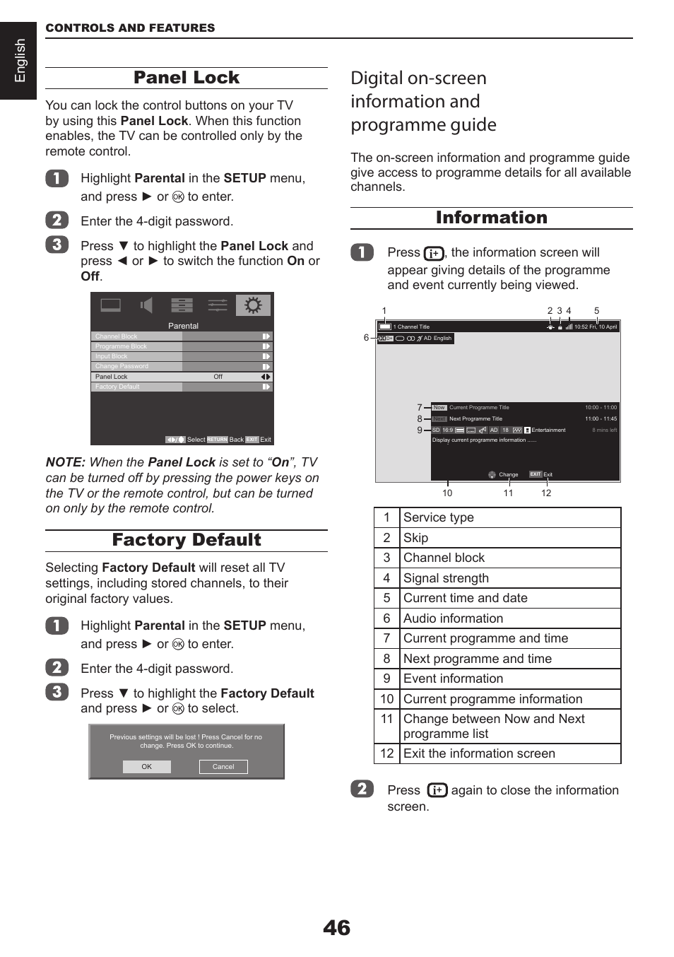 Digital on-screen information and programme guide, Information, Panel lock | Factory default, English, Press, Again to close the information screen | Toshiba CV711 User Manual | Page 47 / 57