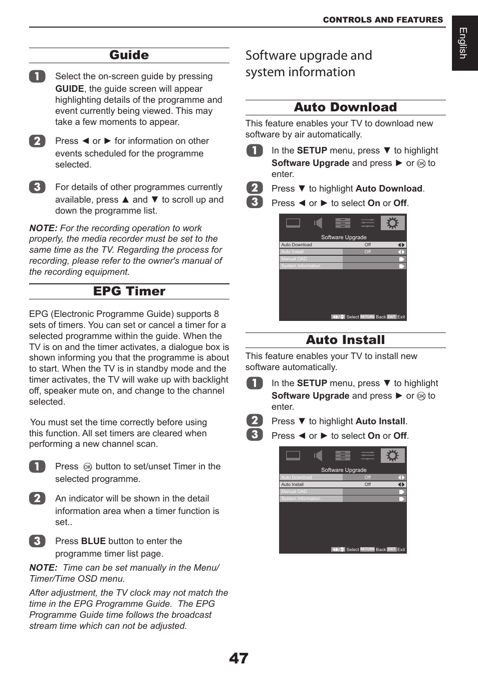 Software upgrade and system information, Guide, Epg timer | Auto download, Auto install | Toshiba CV711 User Manual | Page 48 / 57