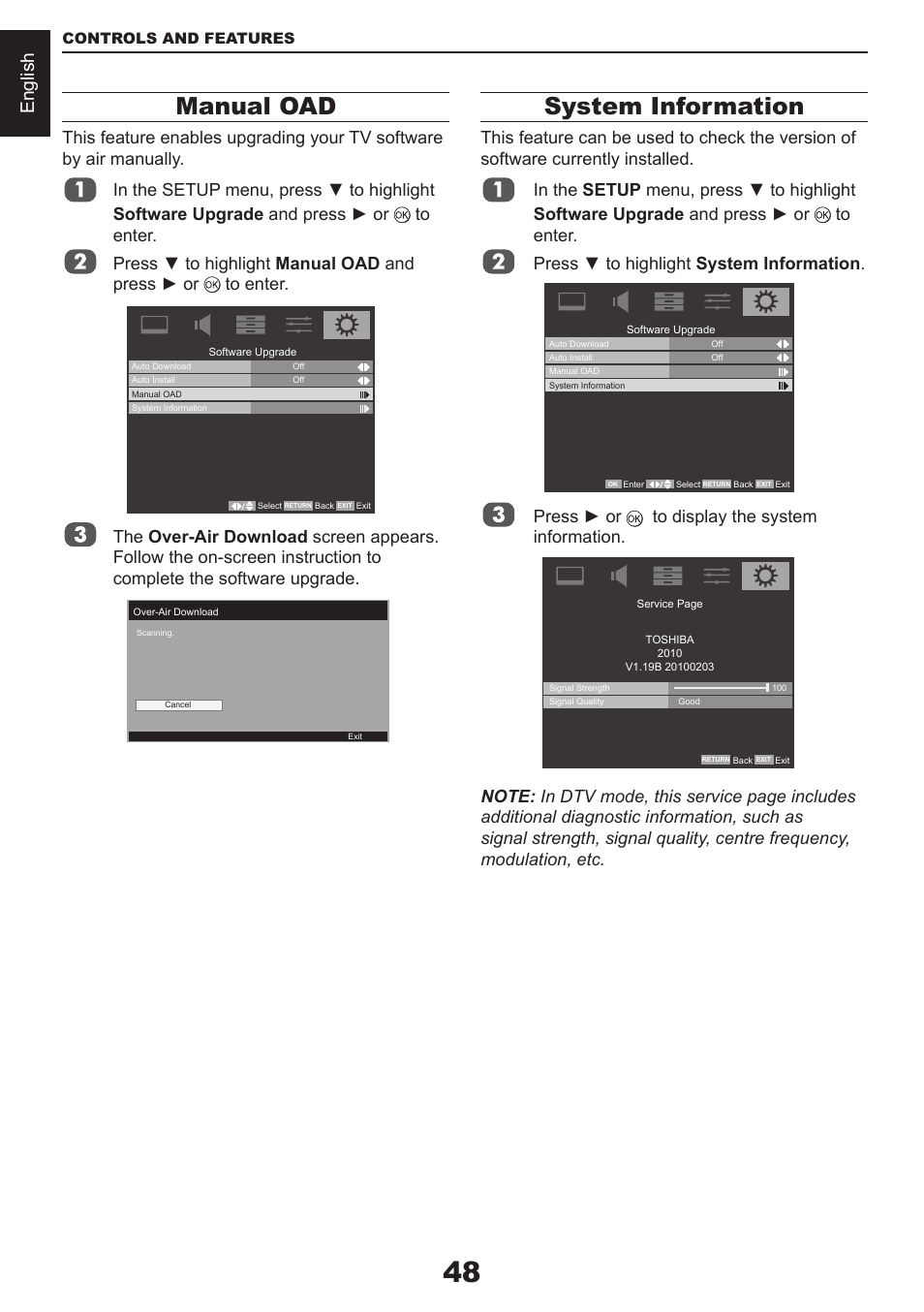 Manual oad, System information, English | Press ► or to display the system information | Toshiba CV711 User Manual | Page 49 / 57