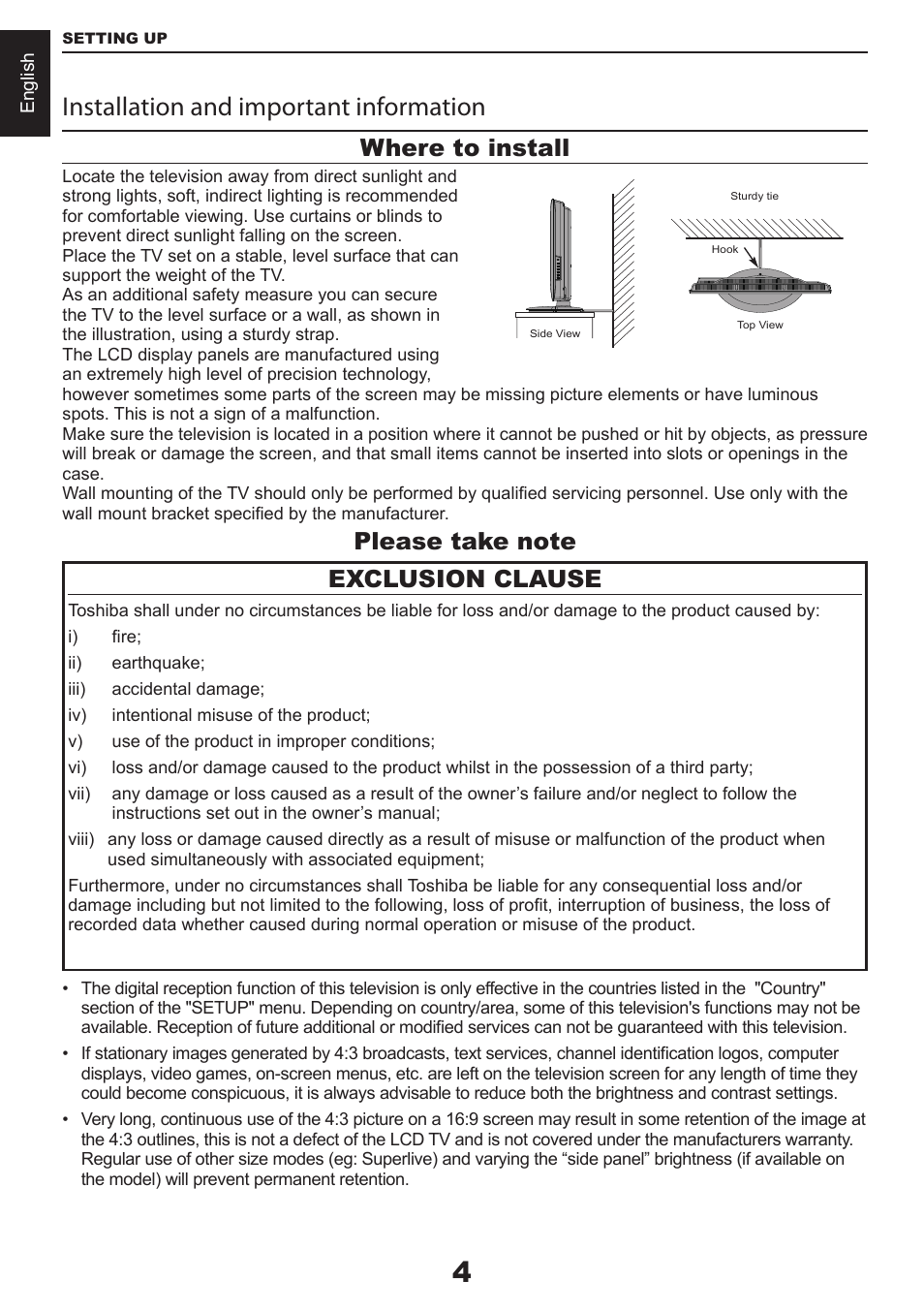 Installation and important information, Exclusion clause | Toshiba CV711 User Manual | Page 5 / 57