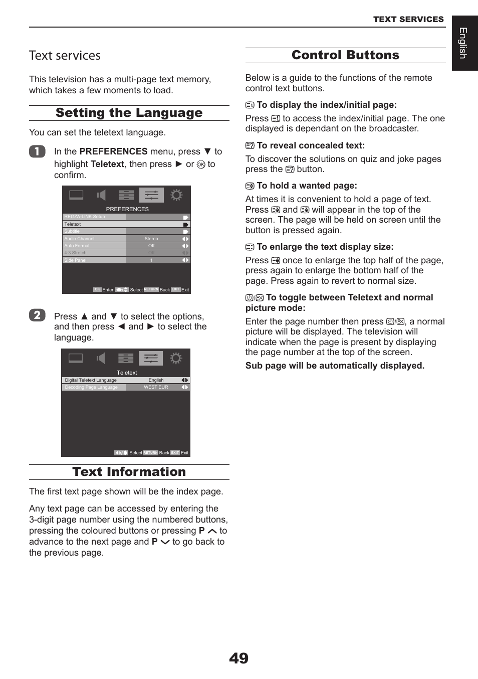 Text services, Setting the language, Text information | Control buttons, English | Toshiba CV711 User Manual | Page 50 / 57