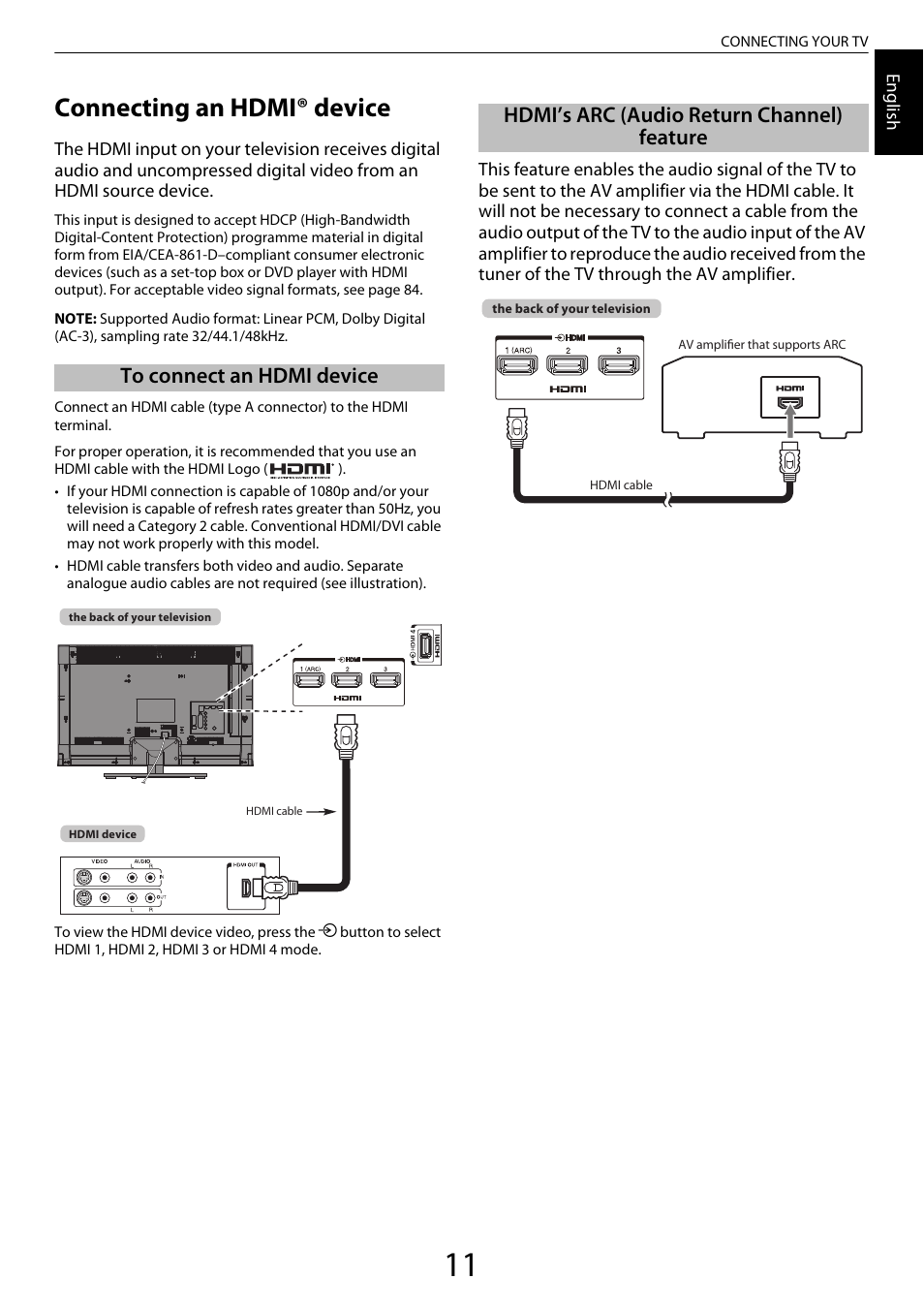 Connecting an hdmi® device, To connect an hdmi device, Hdmi’s arc (audio return channel) feature | Toshiba ML933 User Manual | Page 11 / 91