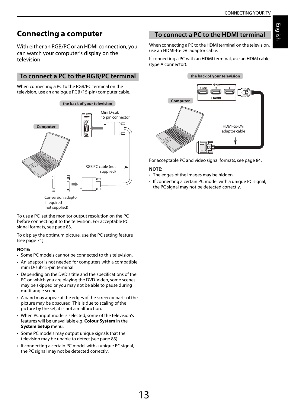 Connecting a computer, To connect a pc to the rgb/pc terminal, To connect a pc to the hdmi terminal | Toshiba ML933 User Manual | Page 13 / 91