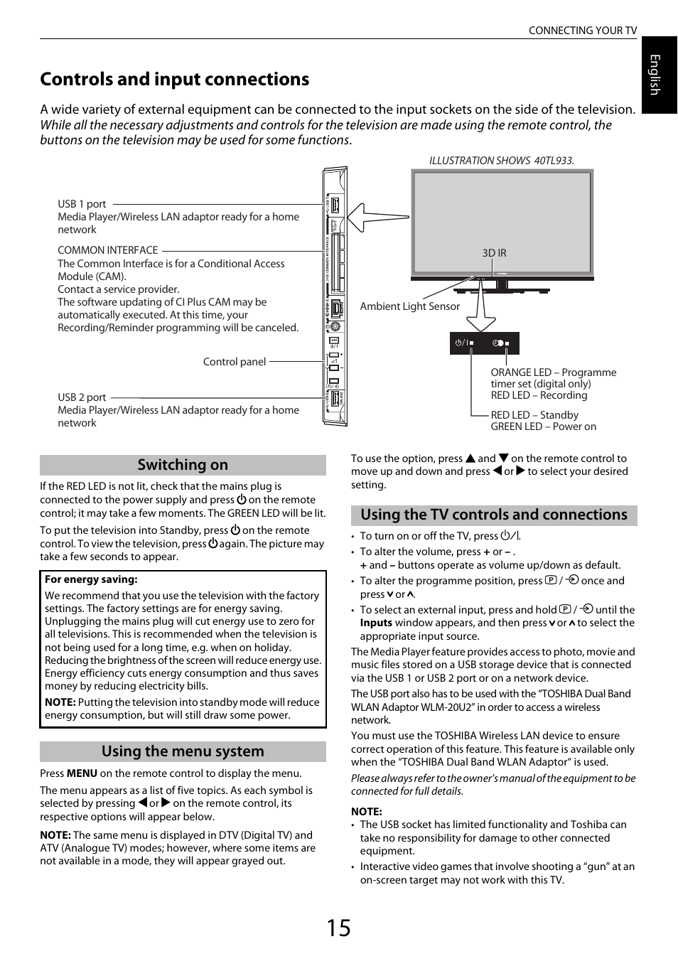 Controls and input connections, Switching on, Using the menu system | Using the tv controls and connections | Toshiba ML933 User Manual | Page 15 / 91