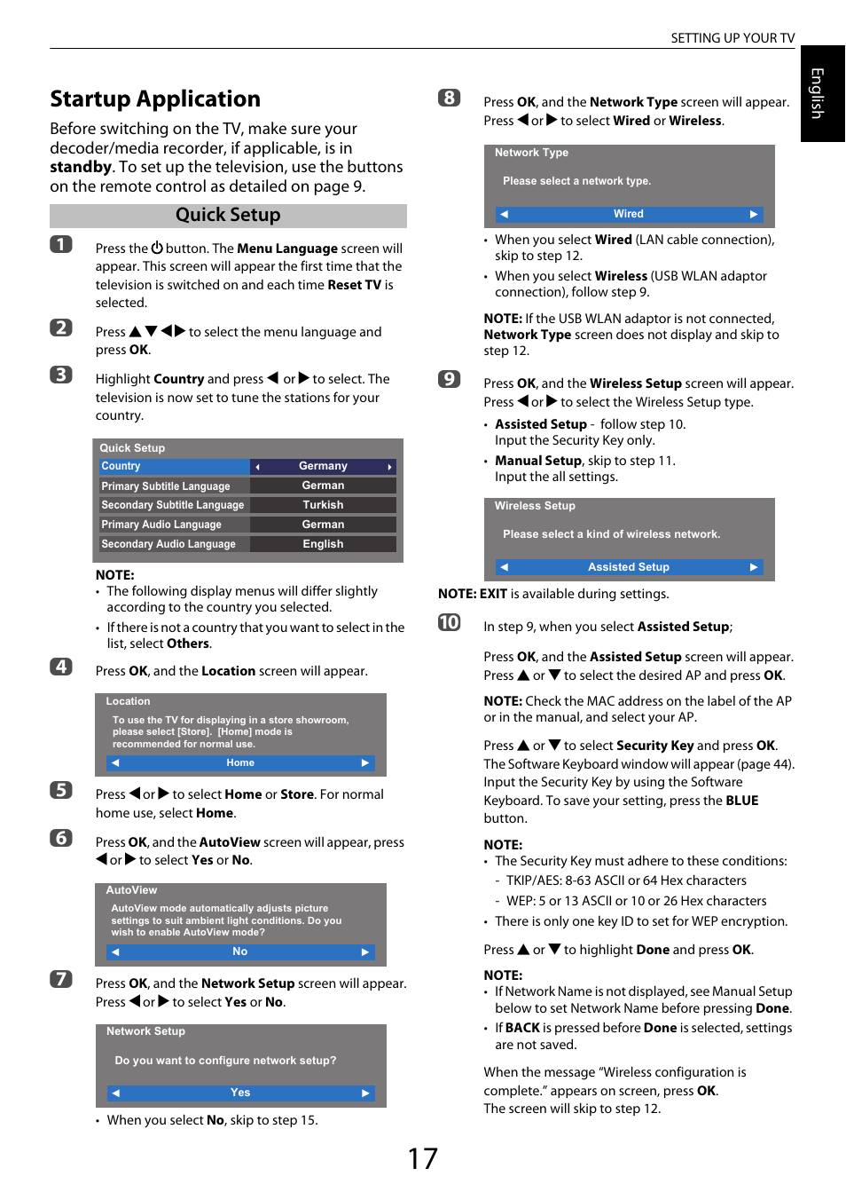 Setting up your tv, Startup application, Quick setup | Toshiba ML933 User Manual | Page 17 / 91