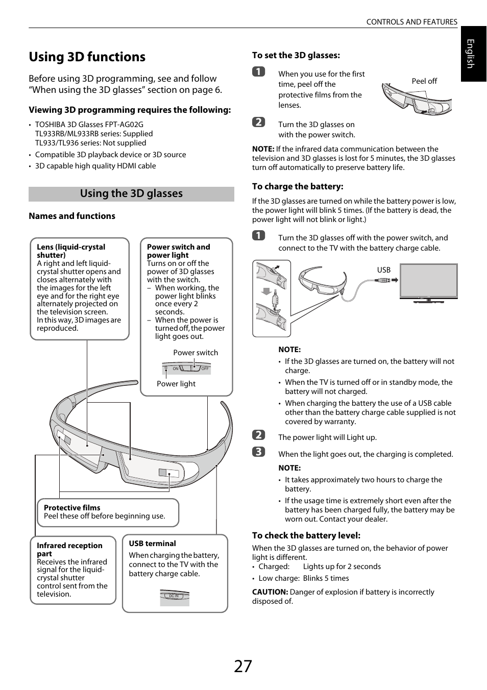 Using 3d functions, Using the 3d glasses | Toshiba ML933 User Manual | Page 27 / 91