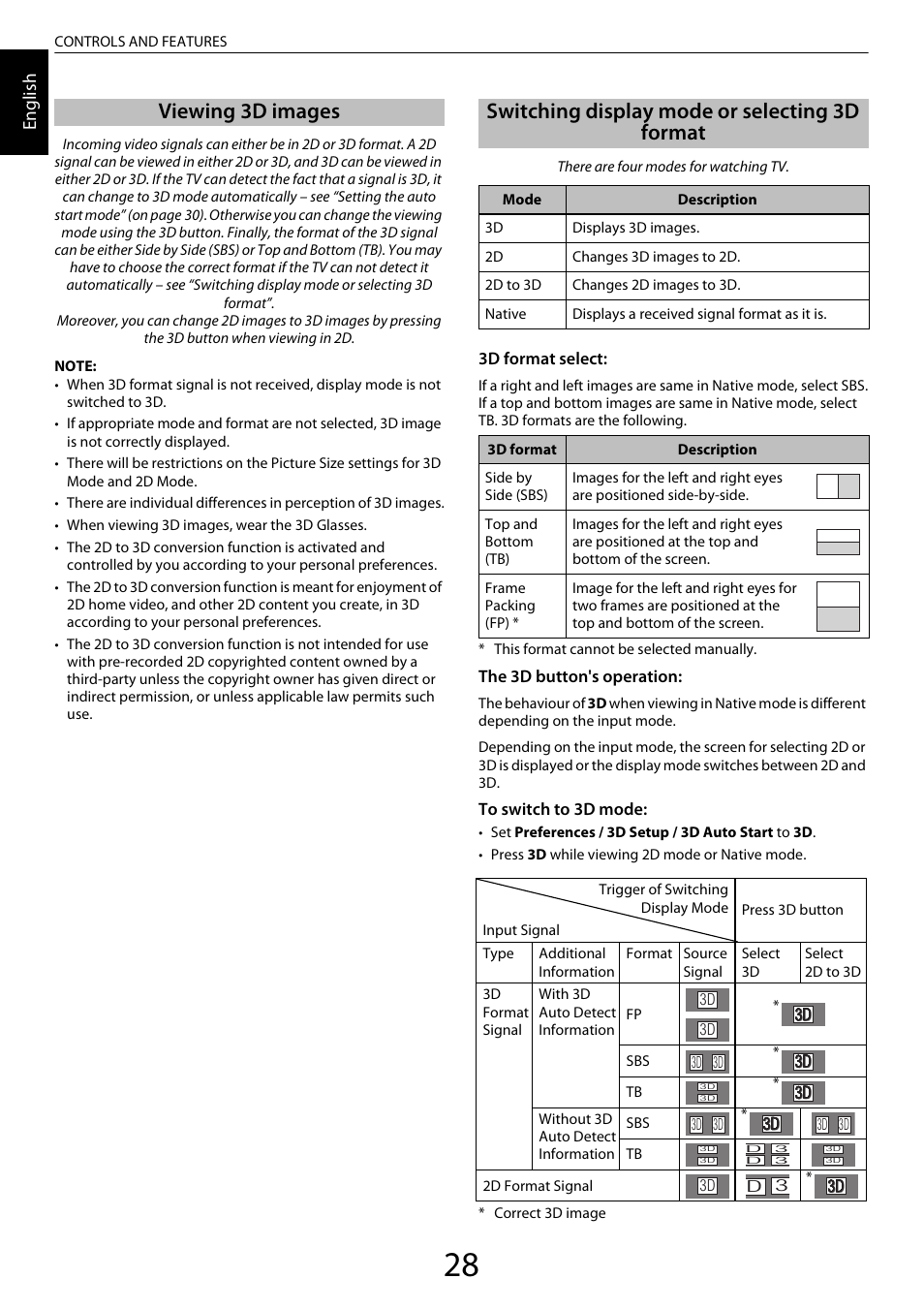 Viewing 3d images, Switching display mode or selecting 3d format, En glis h | Toshiba ML933 User Manual | Page 28 / 91