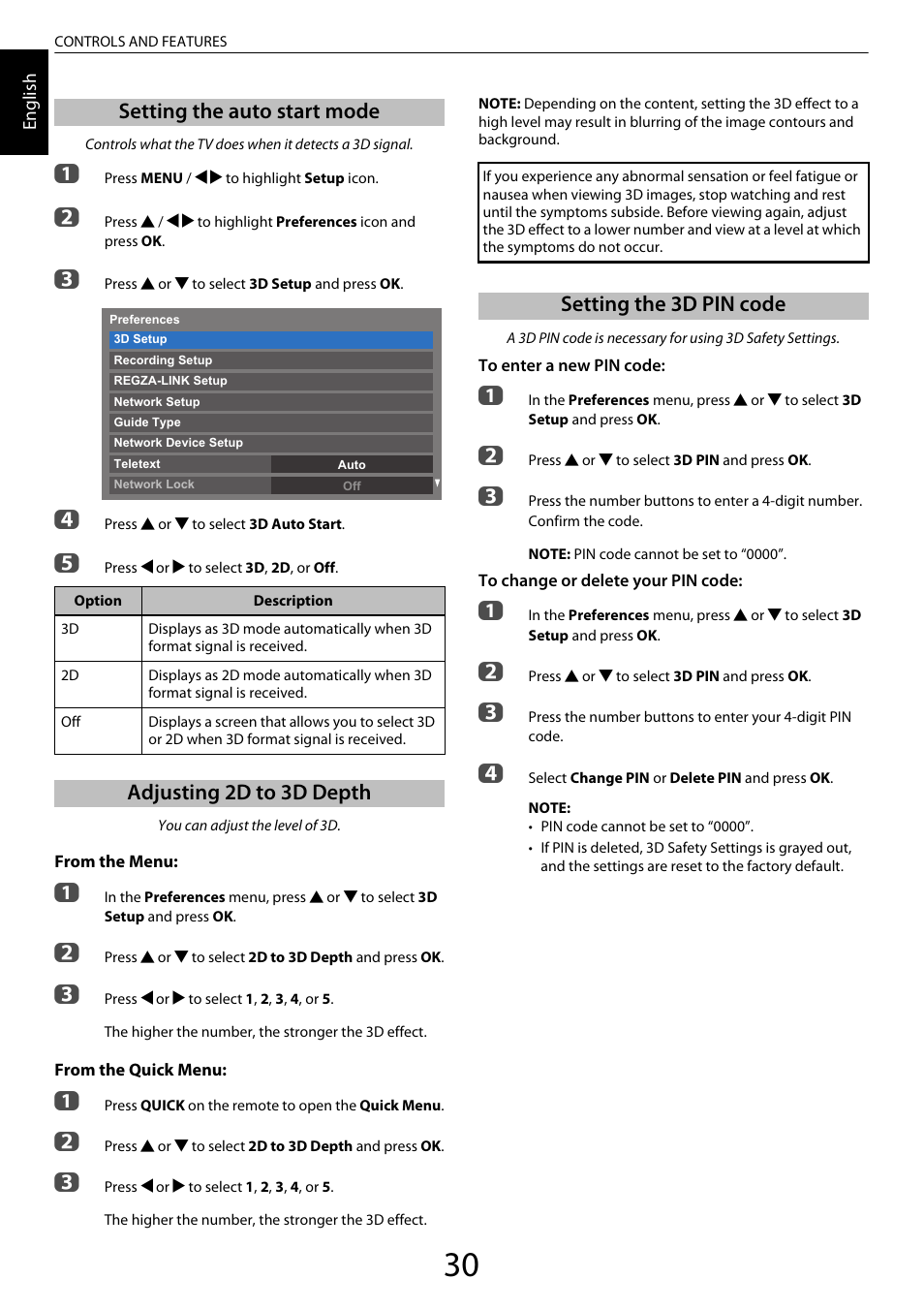 Setting the auto start mode, Adjusting 2d to 3d depth, Setting the 3d pin code | Ee “setting the auto, Start mode | Toshiba ML933 User Manual | Page 30 / 91