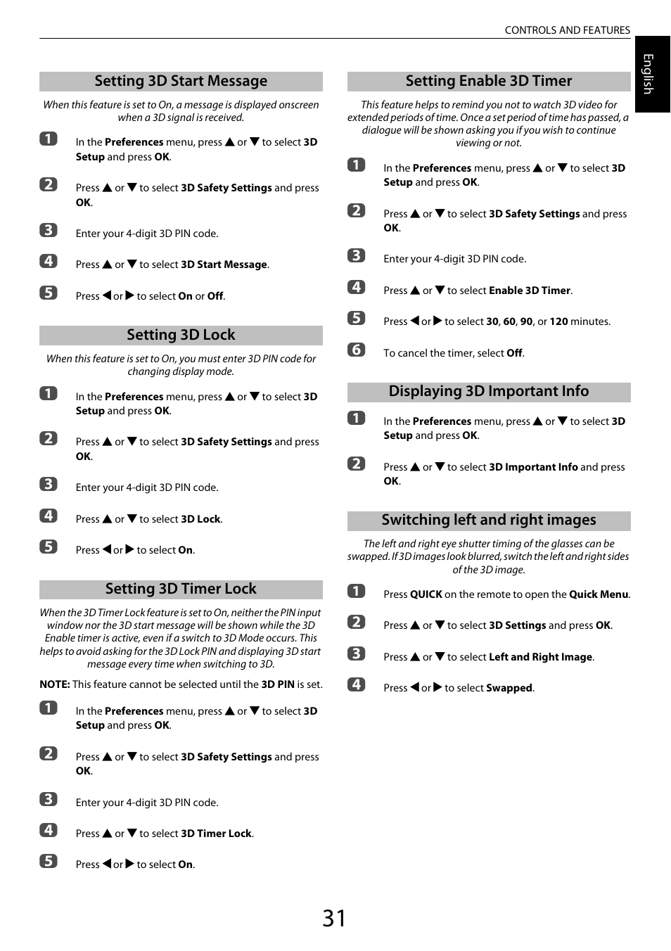 Setting 3d start message, Setting 3d lock, Setting 3d timer lock | Setting enable 3d timer, Displaying 3d important info, Switching left and right images | Toshiba ML933 User Manual | Page 31 / 91