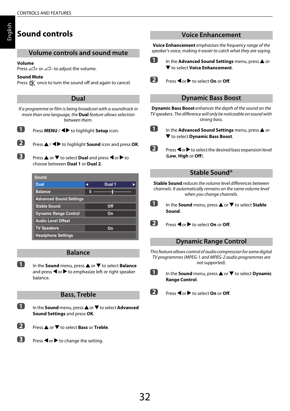 Sound controls, Volume controls and sound mute, Dual | Balance, Bass, treble, Voice enhancement, Dynamic bass boost, Stable sound, Dynamic range control | Toshiba ML933 User Manual | Page 32 / 91
